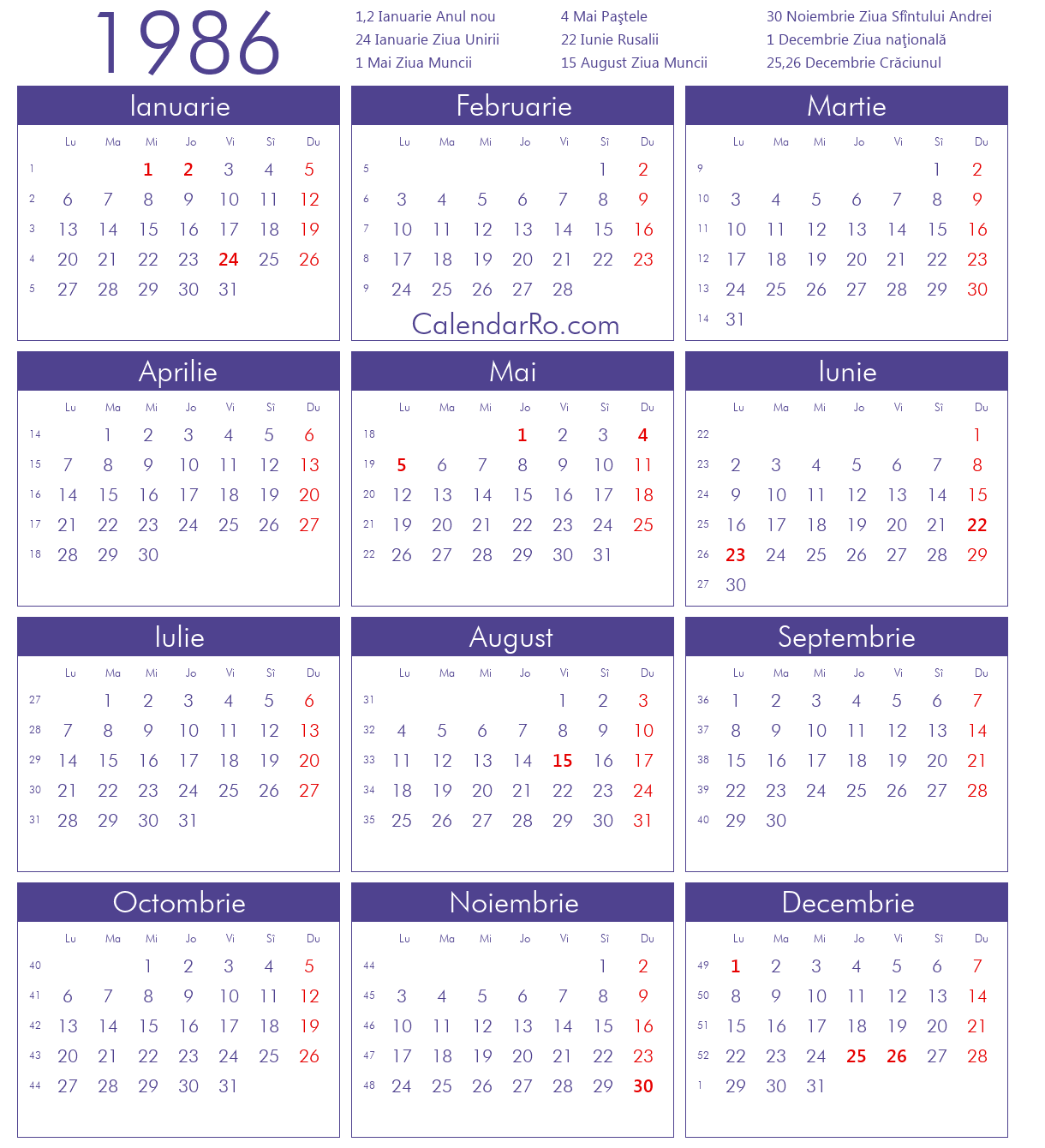 Calendar 1986