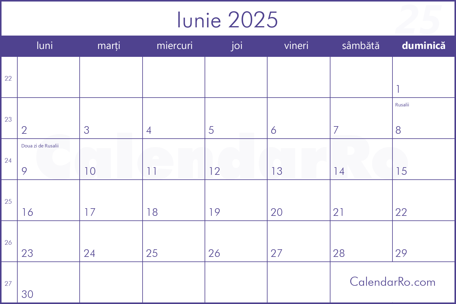 Calendar Iunie 2025