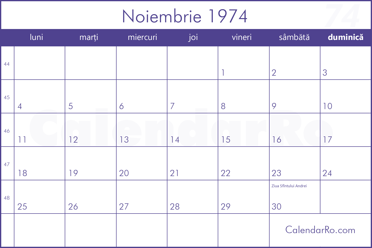 Calendar Noiembrie 1974