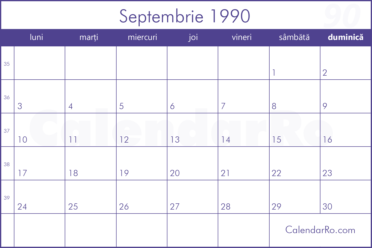 Calendar Septembrie 1990